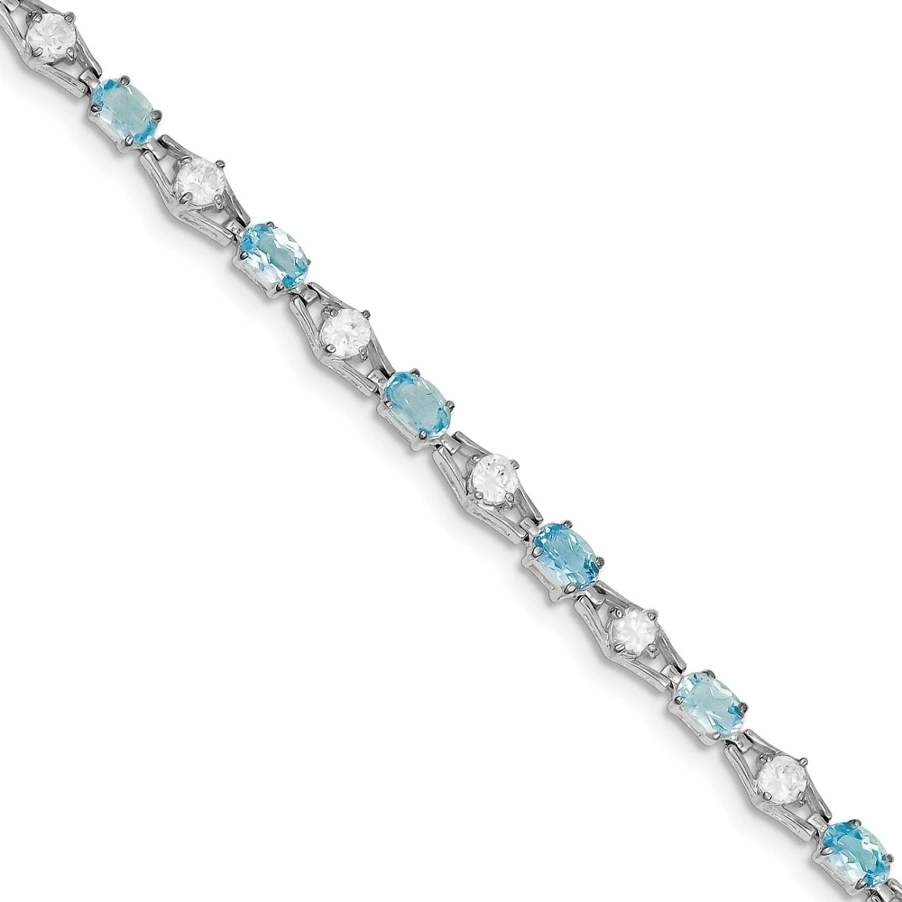 Silver Polished Blue Topaz Gemstone CZ Bracelet