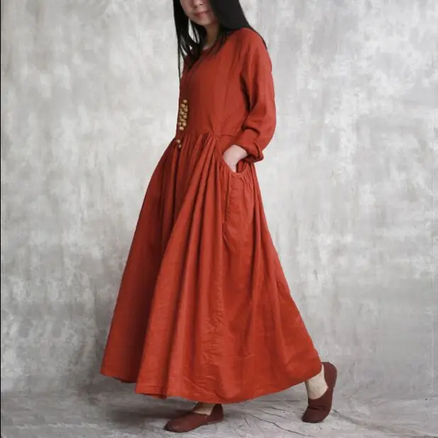 

Spring and Autumn new women's linen long sleeve loose solid color large hem dress S22