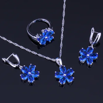 

Ravishing Flower Blue Cubic Zirconia Silver Plated Jewelry Sets Earrings Pendant Chain Ring V0254