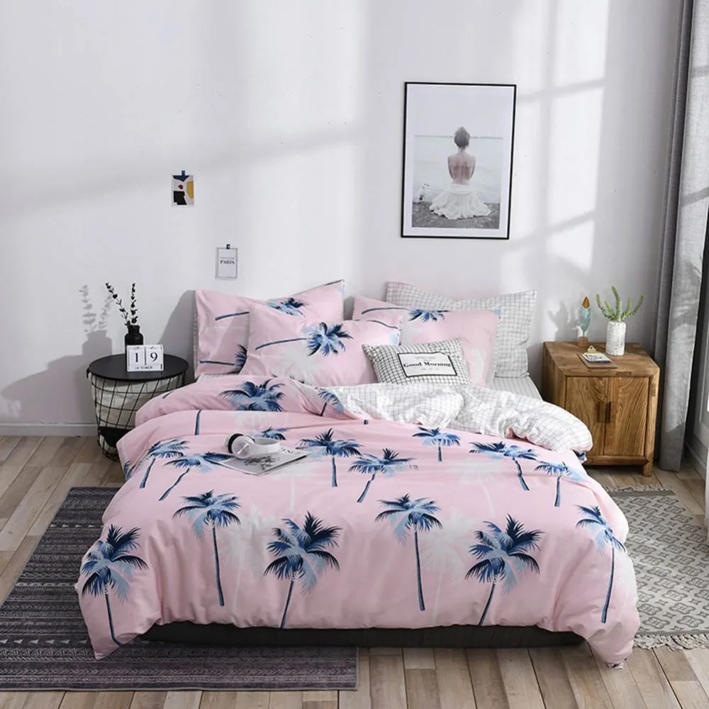 

2019 Coconut Palm Blue Pink INS Bedding Set Soft Cotton Bedlinens Scandinavian Queen King Size Duvet Cover Set Pillowcases