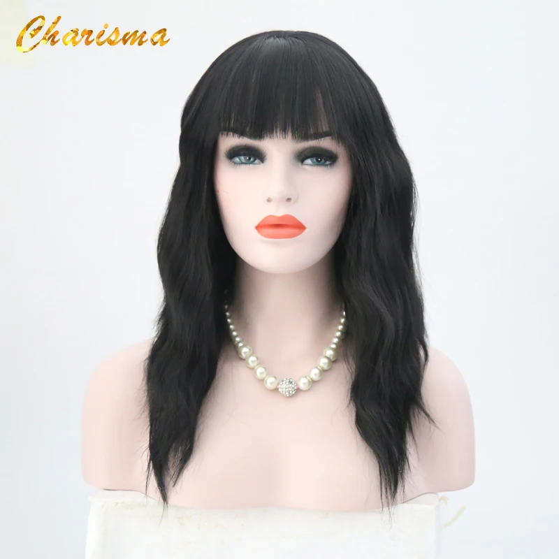 

Charisma Synthetic Lace Front Wig Natural Wave 18'' #1B Color Wig With Bangs Fringe 150% Density Heat Resistant Wigs For Women