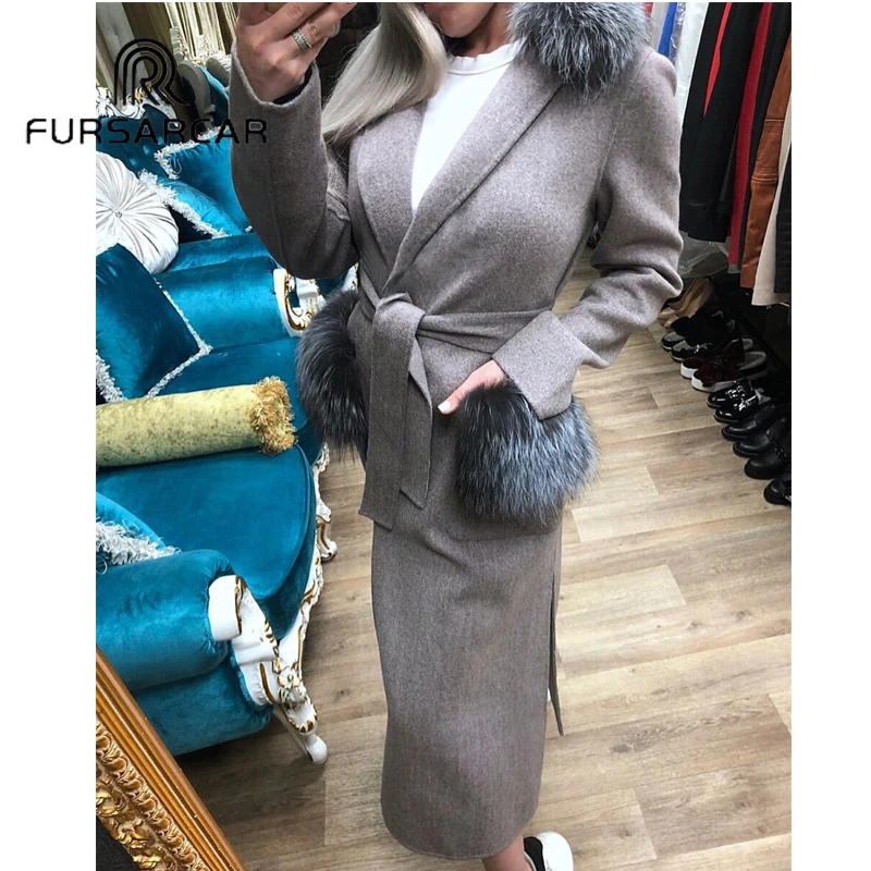 FURSARCAR Real Fur Coat Women Winter Luxury Woolen Skin Fur Coat With Silver Fox Fur Collar 120 CM Long Whole Skin Fur Coat