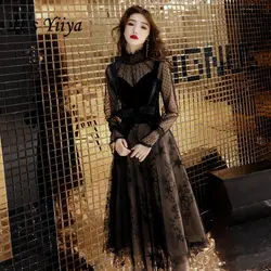 Это YiiYa вечернее платье моды черный в горошек короткое вечернее платье с милым бантом Transportant с длинным рукавом Вечерние Платье E004