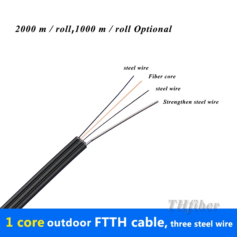 Оптоволоконный наружный закрытый FTTH кабель 1 ядро самоподдерживающийся волоконно-оптический кабель с 3 стальными 1000 м/2000 м 1310 нм/1550 нм