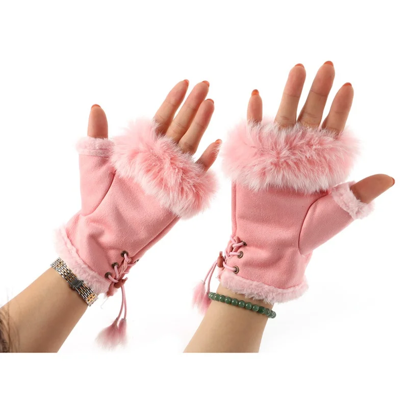 Женские зимние перчатки из искусственного кроличьего меха, теплые перчатки без пальцев