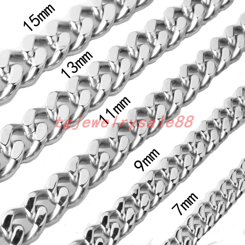

7/9/11/13/15mm Wide Polishing Silver Stainless Steel Curb Cuban Link Chain Necklace Or Bracelet Punk Men's Jewelry 7-40" Option