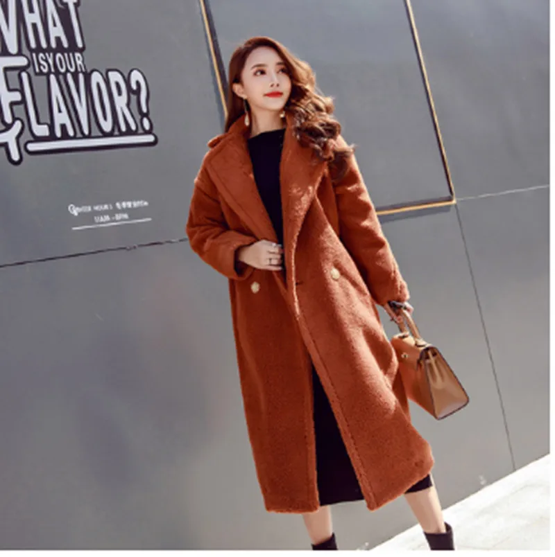 Beste 2018 Nieuwe Winter Faux Fur Teddybeer Wollen Jas Bruin Rood Jassen Vrouwen Bovenkleding Vrouwelijke Jas Dikker Warme Losse Lange overjas