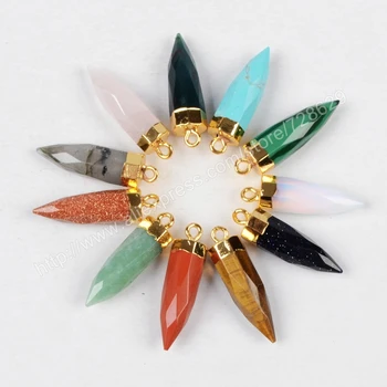 

BOROSA 10Pcs/lot Gold Color Pencil Point Shape Multi-Kind Stone Faceted Pendant Bead G0621