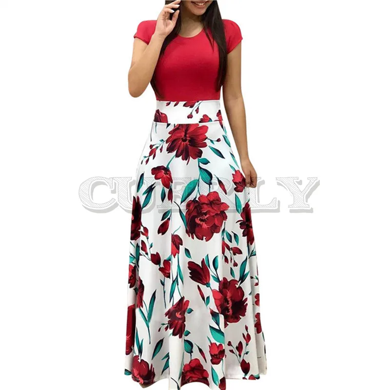 Image Women Summer Long Dress Floral Print Bohemian Beach Maxi Dress Casual Patchwork Short Sleeve Party Dresses CUERLY Verano 2019