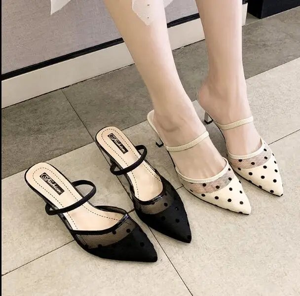 Новые женские пикантные туфли на высоком каблуке туфли на шпильках baotou; сандалии-шлепанцы с сеточкой и заостренным носком; F06