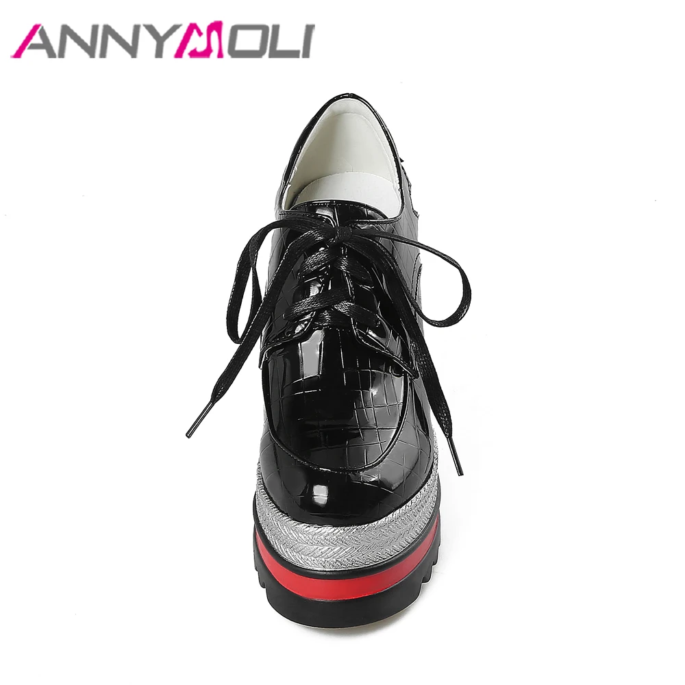 ANNYMOLI/Женская обувь на платформе туфли на танкетке со шнуровкой очень высокие каблуки из каучука г. весенние туфли-лодочки на каблуке, увеличивающие рост