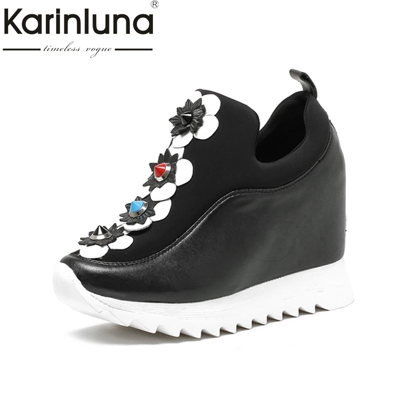 

KARINLUNA genuine leather nature cow leather Flowers Women Pumps Fashion High Heel Wedges Platform Summer Shoes Woman 2018 New