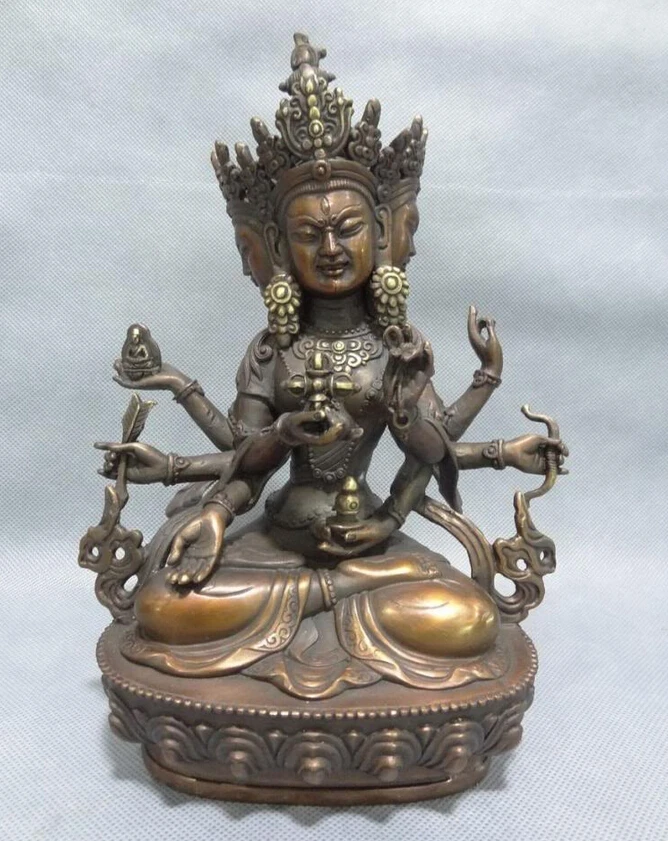 

S5058 9" Tibet Pure Bronze 3 Head 8 Arms Tara Ushnishavijaya Namgyalma Buddha Statue D0317
