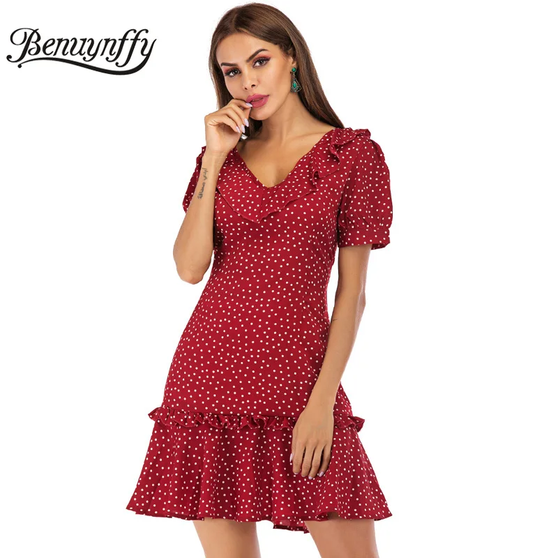 

Benuynffy Sexy Backless Lace up Ruffle Dress Women Cute V Neck Short Sleeve Polka Dot Dress 2019 Summer Casual Slim Mini Dress