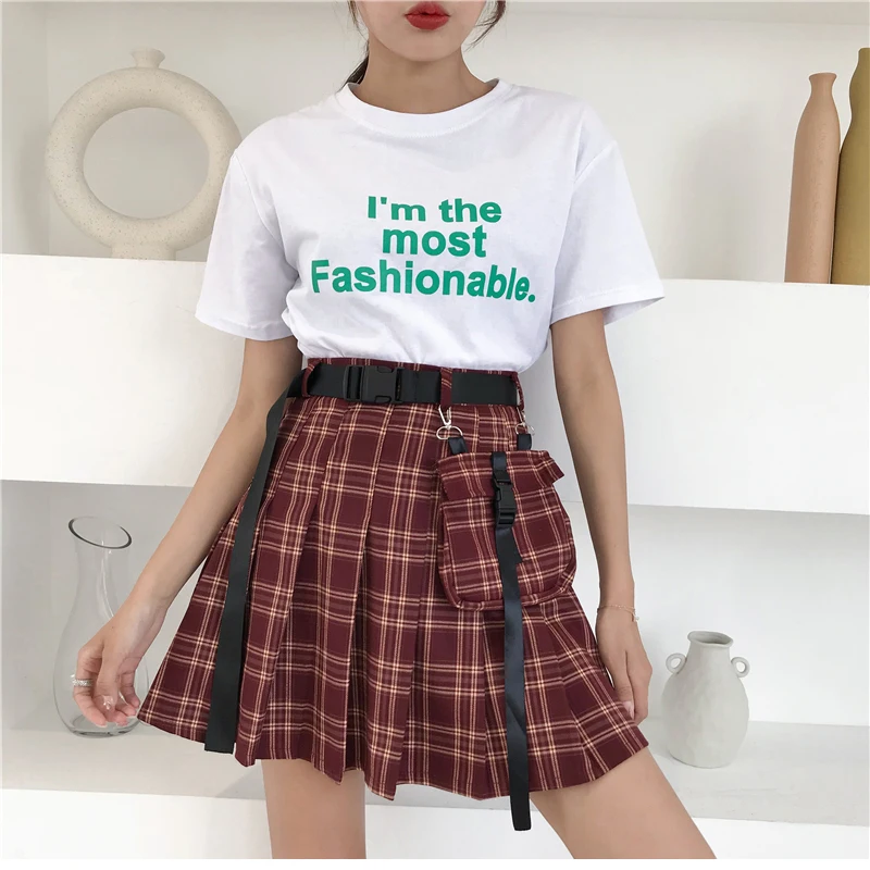 

High Waist Belt Sexy Pocket Pleated A-line Mini Plaid Skirt Summer Korean Women Streetwear Fashion Gothic Hip Hop Harajuku Short