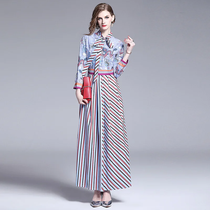 

Designer Long Sleeve Vintage Bow Collar Printing Maxi Runway Dress Ladies High Waist Plus Size A-Line Party Long Dress Vestidos