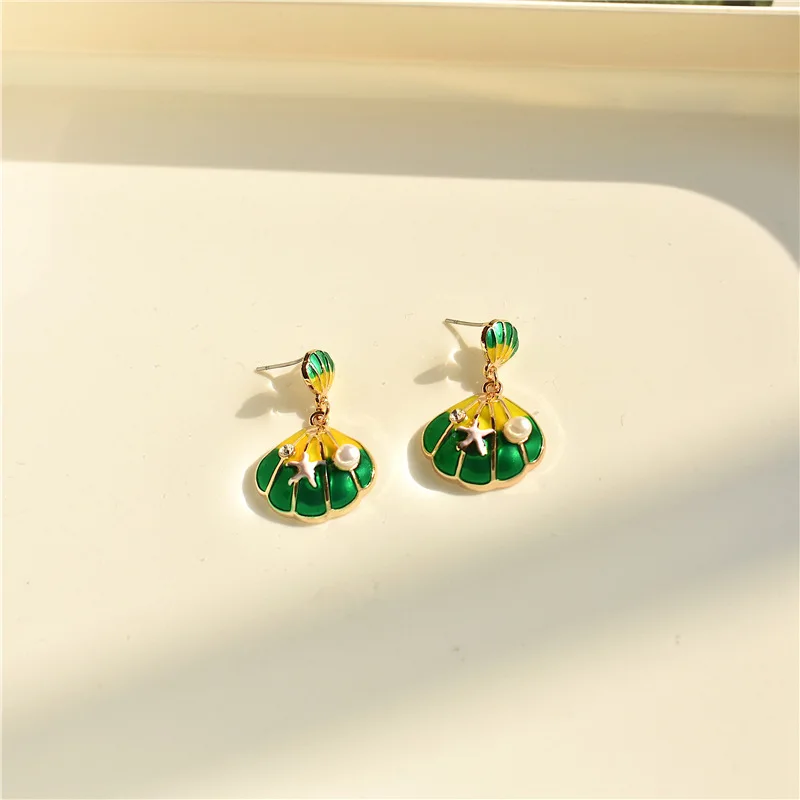

Korean Drip Color Green Apricot Sea Star Shell Pearl Long Dangle Earrings Big Drop Earrings for Women Jewelry Fashion