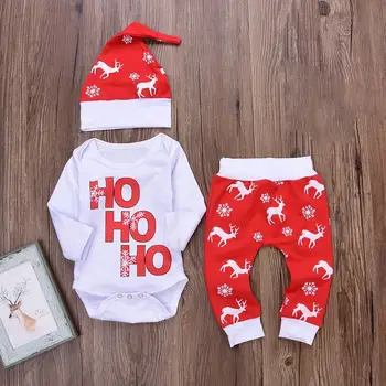 

3Pcs/Set Christmas Deer Snowflake Infant Baby Boy Girl Romper Pants Hat Outfit