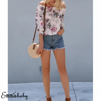 

Fashion Womens Summer Floral Off Shoulder Tops Loose chiffon shirt Casual Shirt Blouse one shoulder sweet shirts women shirts