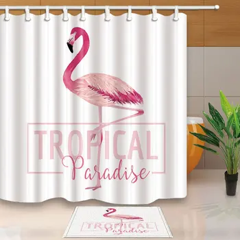 

Tropical Summer Bird Decor, Exotic Dancing Flamingo Mildew Resistant Polyester Fabric Shower Curtain Suit