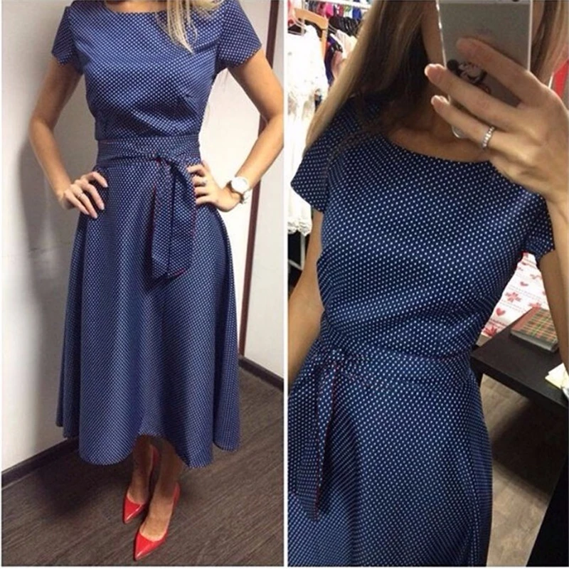 

2019 Hot Sale Casual A-Line Dot women Popular dress Short Sleeve O-Neck Knee-Length Dress Summer Style Sashes Clothes Plus size