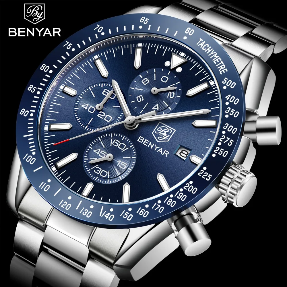 BENYAR мужские часы бизнес полностью Стальные кварцевые часы для мужчин лучший бренд класса люкс повседневные водонепроницаемые спортивные часы Relogio Masculino