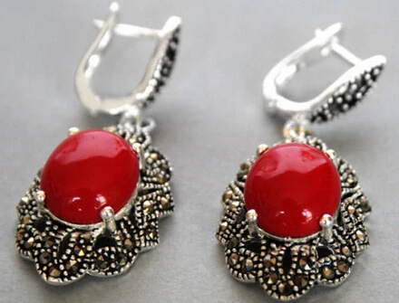 

FREE SHIPPING>>> wb003 Silver Red Coral Marcasite Dangle Hook Earrings