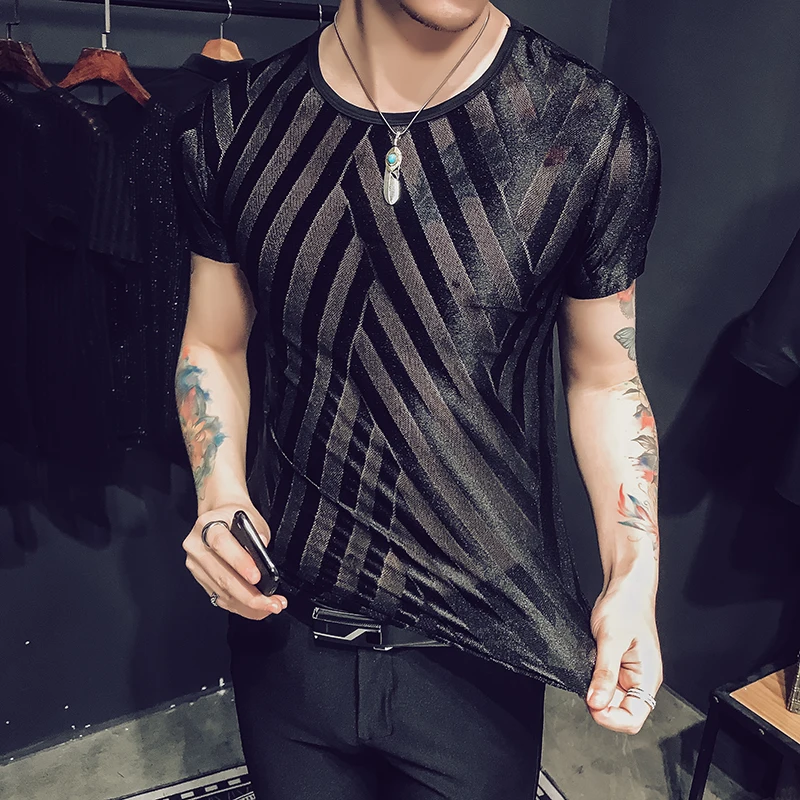 

Summer casual O-neck transparent T-shirt men's black white Slim T-shirt short-sleeved 2019 fashion Men nightclub casual T-shirt