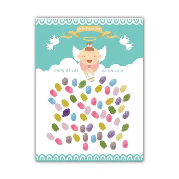 

Custom Name Date angel boy baby shower Fingerprint Signature GuestBook Christening Baptism favor birthday party decorations kids