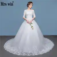 2019 新着半袖ウェディングドレスレースボートネックのスイープ/ブラシトレインレースアップ夜会服プリンセスヴィンテージ花嫁ドレス