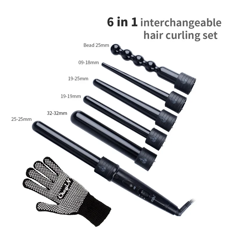 

100-240V Pro Salon 6 in 1 Multifunctional 32mm Curling Wand 6 pcs Interchangeable Tong Curly Hair Styling Tool