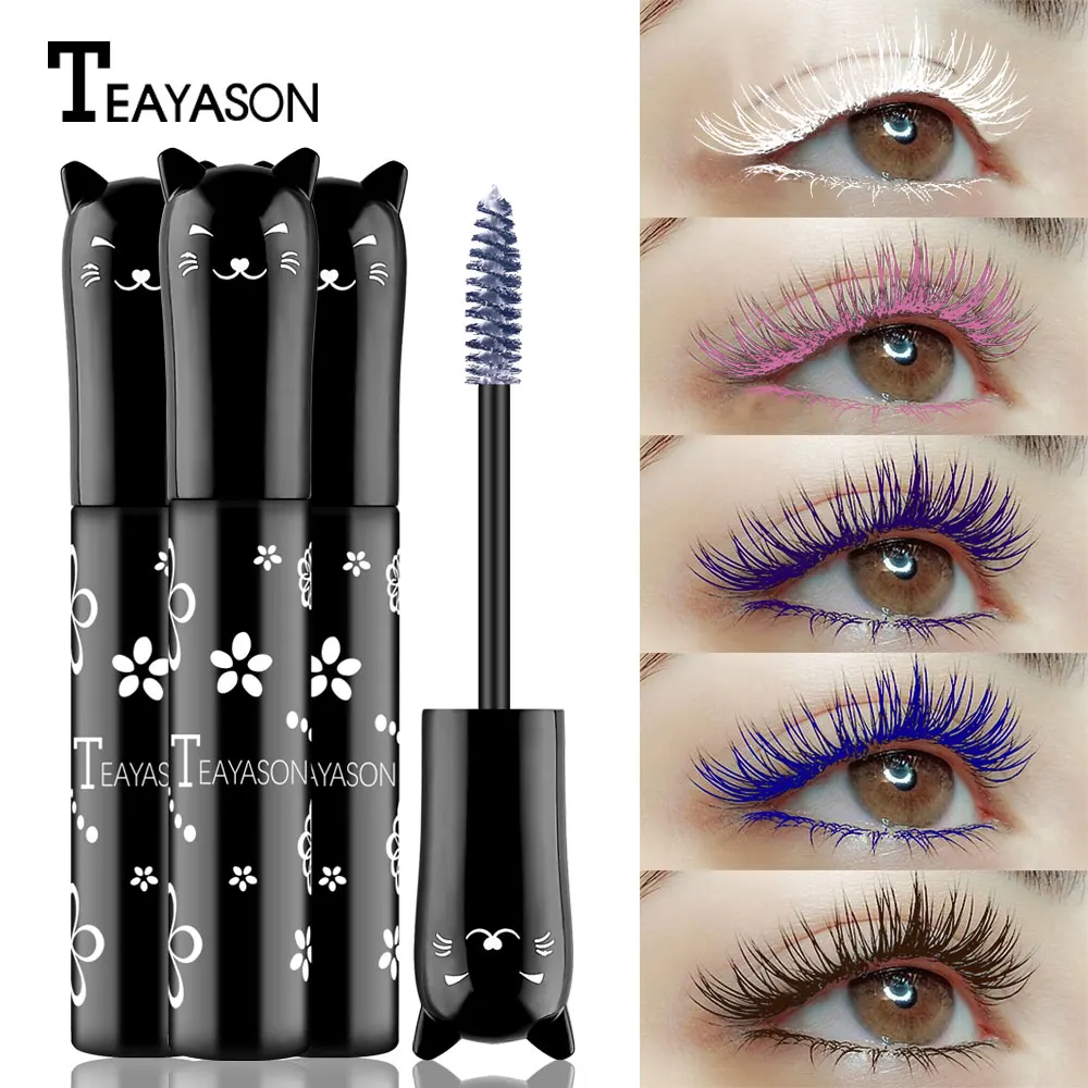 Teayason colorful mascara 6 colors blue purple pink white pigment waterproof long lasting 4D silk fiber eyelash mascara AM089