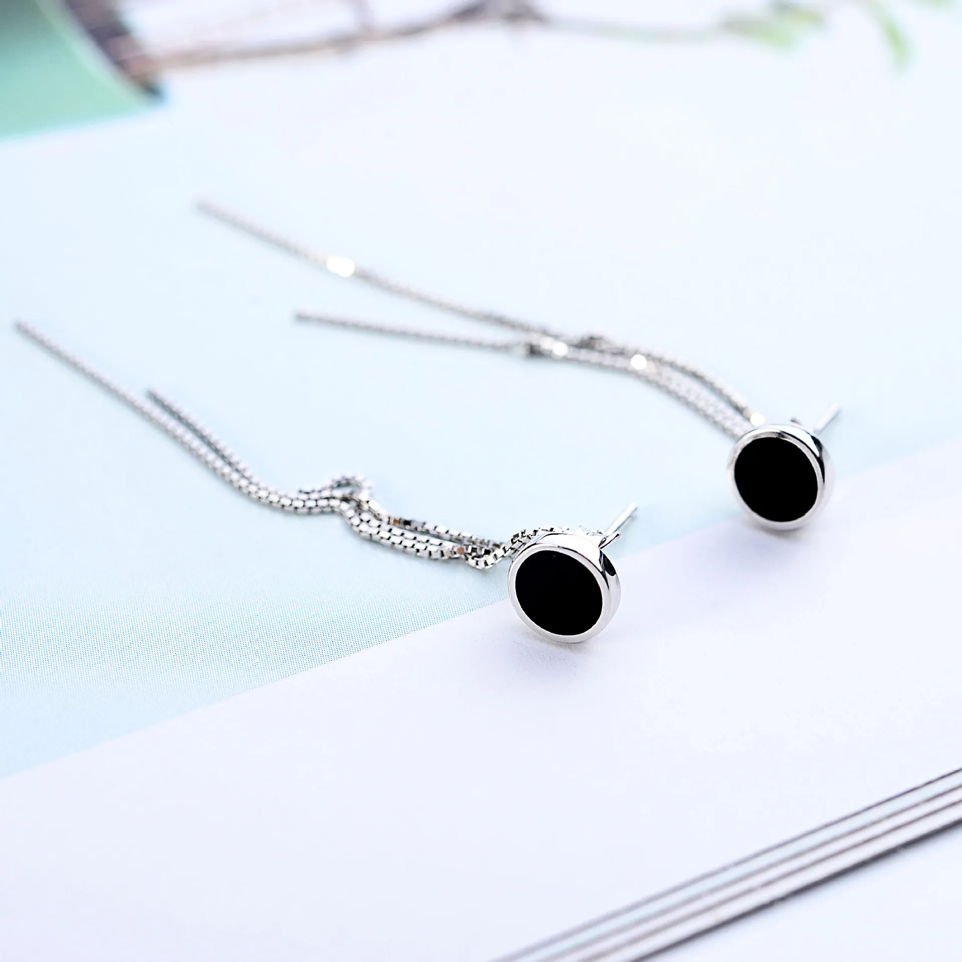 long tassel black drop glaze earring 100% 925 Sterling silver Jewelry fashion Hypoallergenic Stud earrings for women girl gift