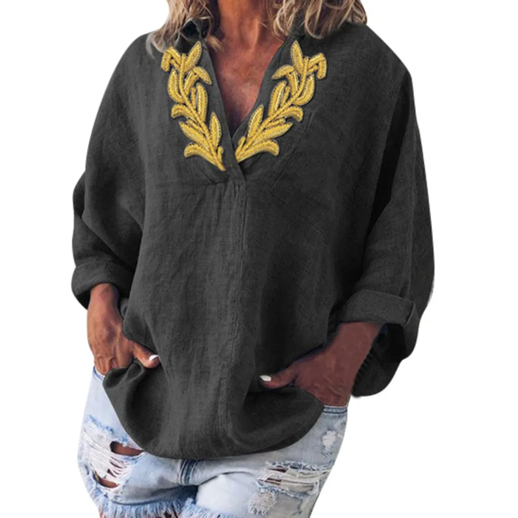 

SAGACE Women Blouse Loose Summer V-Neck Appliques Cotton And Linen Tops Shirts Deep V-neck Long Sleeve Blouse Female Shirts new