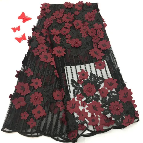 Latest African 3D Flowers Lace Fabric French Tulle Voile Beaded Lace Fabric For Wedding Party Nigerian Bridal Laces Fabric - Цвет: burgundy