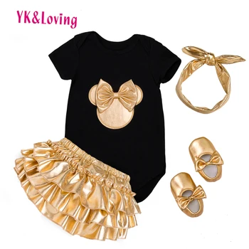 4pcs/set Baby Girl Romper Clothing Set Cotton Jumpsuit Golden Ruffle Bloomers Shorts Shoes Headband Suit Newborn Clothes Costume 2
