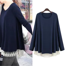 Новинка весны, женские футболки, женская одежда, повседневная женская рубашка с круглым вырезом и длинным рукавом, кружевная Лоскутная Женская рубашка