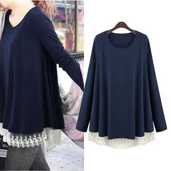 

2018 Spring New Female T-shirts For Women Lady's Clothes Casual Plus Size O-neck Long Sleeve Lace Patchwork Women's Shirt