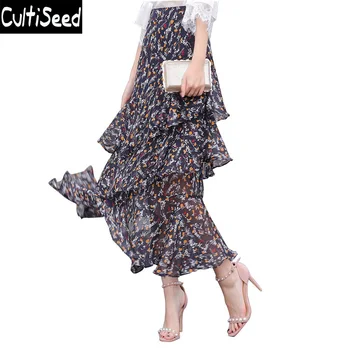 

Floral Printed Chiffon Ruffles Skirts Lady Elegant Office Work Multi Layer Ruffles Long Skirts Elastic Waist Bohemian Skirts