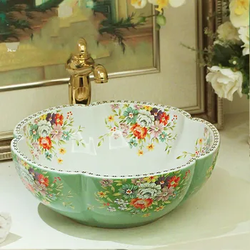 

Jingdezhen factory directly art hand painted round bowl sink flower shape blue ceramic wash basin bathroom sink