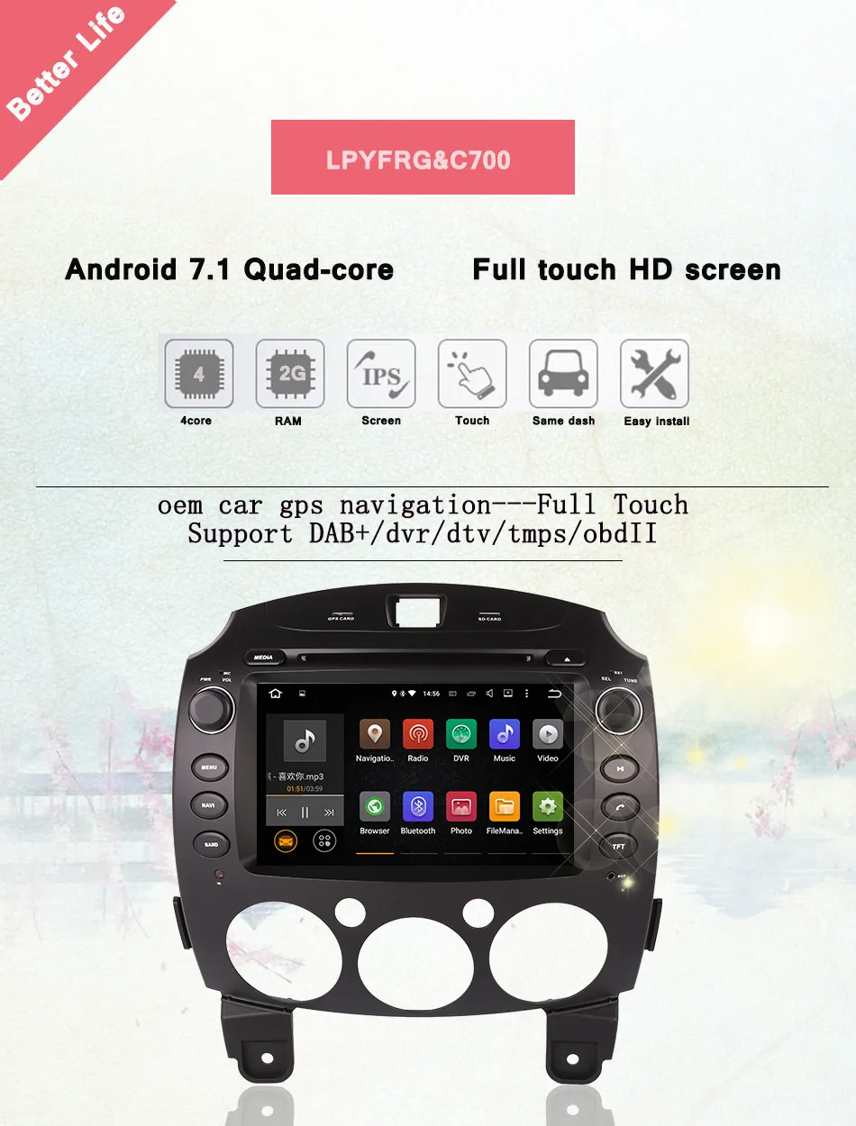 4 ядра 1024x600 Android 7,1 автомобильный DVD gps для Mazda2 mazda 2 2010 2011 2012 с BT Радио 3/4G рулевого колеса Видео AUX головное устройство