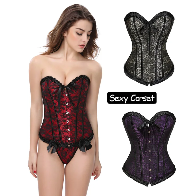 

Sexy Floral Lace up Boned Overbust Corset Lingerie Gothic Strapless Waist Cincher Corselet Red Women Slim Plus size ClubWear Top