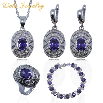 

Purple Zircon Silver Color Women Jewelry Set Bracelet/Earrings/Pendant/Necklace/Ring Free Gift A16