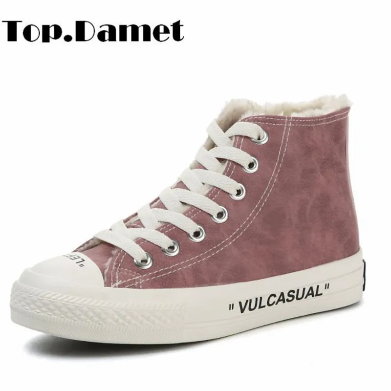 

Top.Damet Winter Sneakers Women Casual Walking Canvas Shoes Warm Short Plush Lace Up High Top Flat Shoes Ankle Sneakers Girls