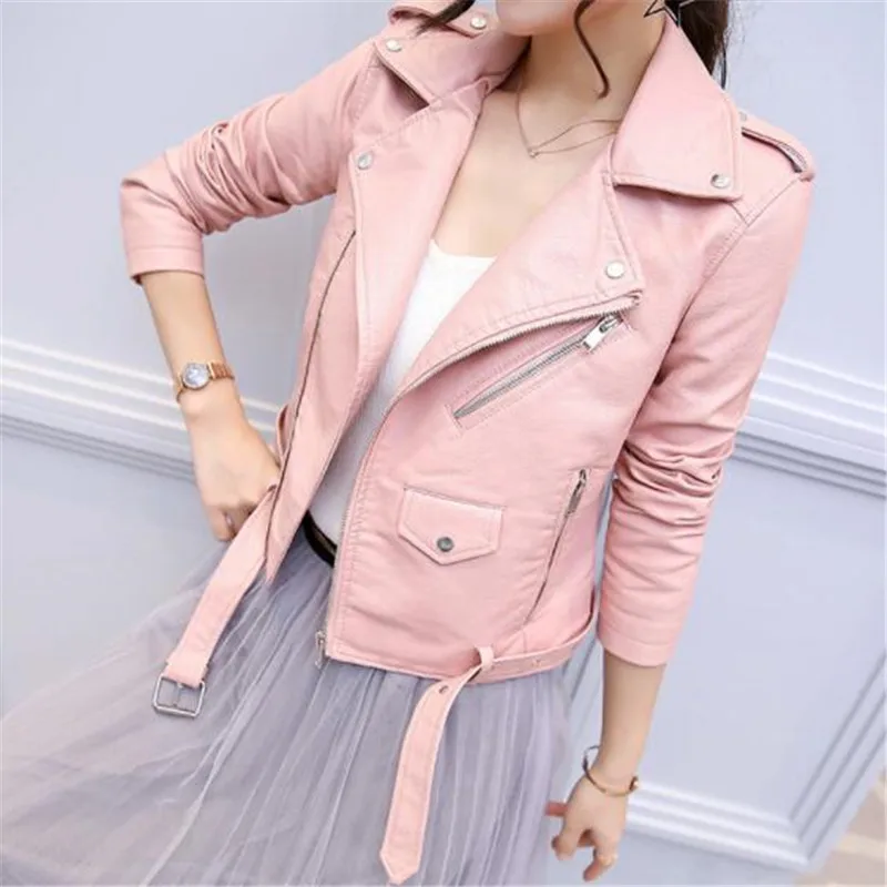 

New Women Candy Color Faux PU Leather Short Motorcycle Jacket Zipper Pockets Sexy Punk Coat Ladies Casual Outwear Tops Casaco