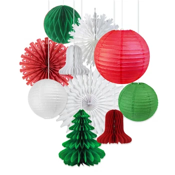 

10pcs Red White Green Christmas Decoration for Home Honeycomb Tree Santa Hat Snowflake Paper Fans Lantern Xmas Noel Holiday