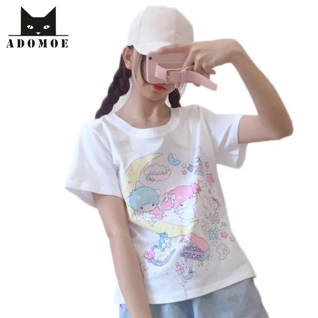 Cute Soft Harajuku White Pink Girly Girl Sweet Stars Moon Cartoon Print Summer Teens Girls T Cute Soft Harajuku White Pink Girly Girl Sweet Stars Moon Cartoon Print Summer Teens Girls T