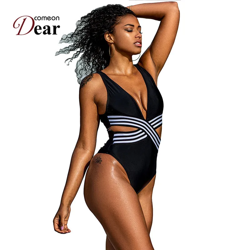 

Comenondear One Piece Swimsuit Women Swimwear Large Size 2019 Black Plus Size Cross Striped Hollow Sexy Monokini XL DYB3392