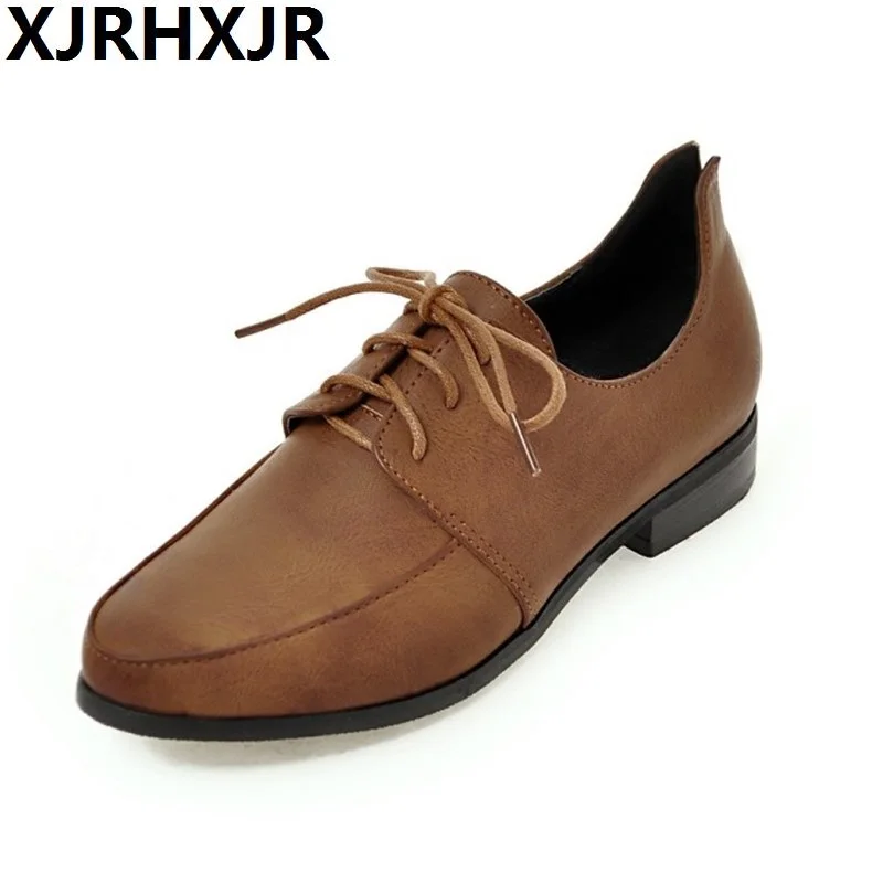 

British Style Shoes Woman Flat Heel Lace Up Leather Shoes Women Casual Thick Heel Autumn New Shoes Big Size 30-50