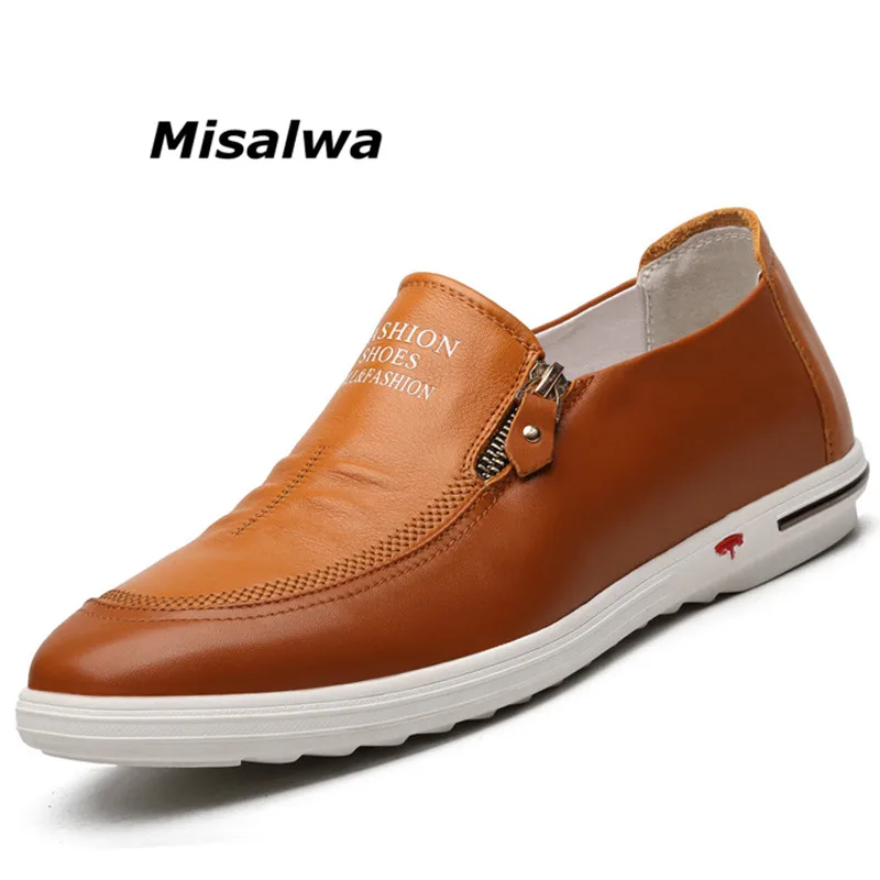 

Misalwa New Leather Shoes Men's Flats Brown Blue Designer Casual Shoes Male Fashion Slip On Zipper Loafers Breathable Sneakers